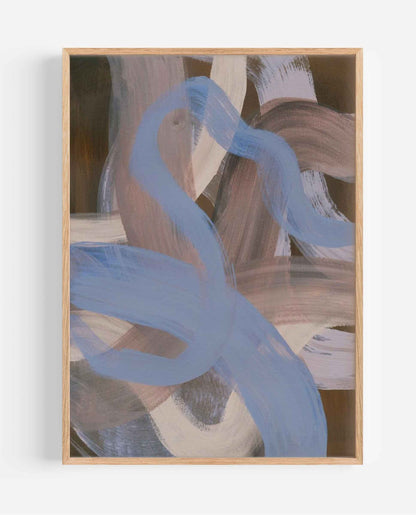 An abstract framed painting featuring sweeping light blue brushstrokes over layered brown, beige, and white painted textures, set in a light natural wood frame against a white wall.