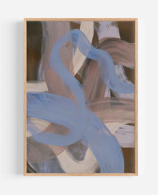 An abstract framed painting featuring sweeping light blue brushstrokes over layered brown, beige, and white painted textures, set in a light natural wood frame against a white wall.