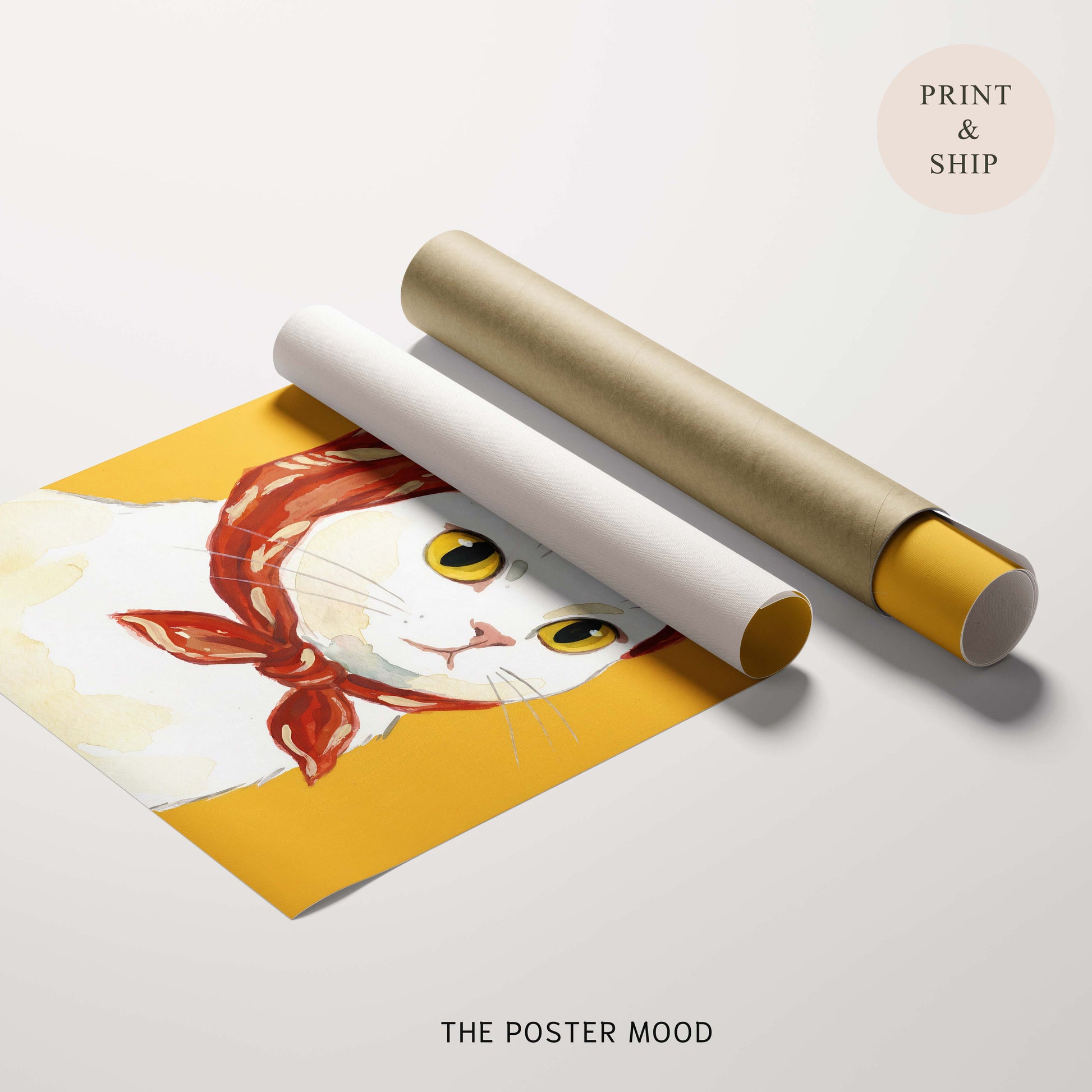 A rolled poster print and a matching rolled tube of matching material are displayed on a light gray background. The unrolled portion shows an illustration of a white cat with yellow eyes and a red headscarf on a mustard-yellow background.