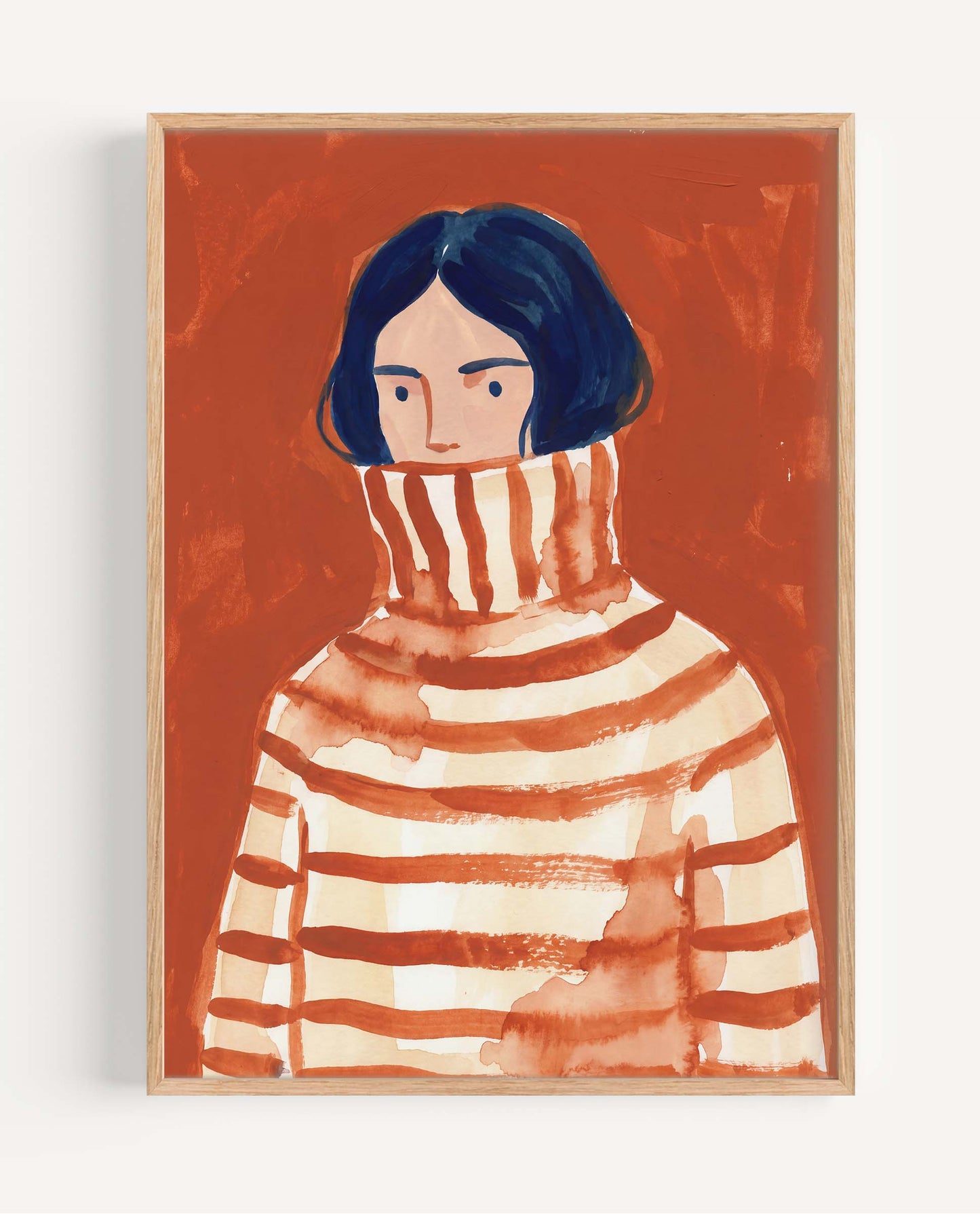 A framed watercolor portrait print of a person with dark hair wearing a striped turtleneck sweater, set against a warm rust-orange background.