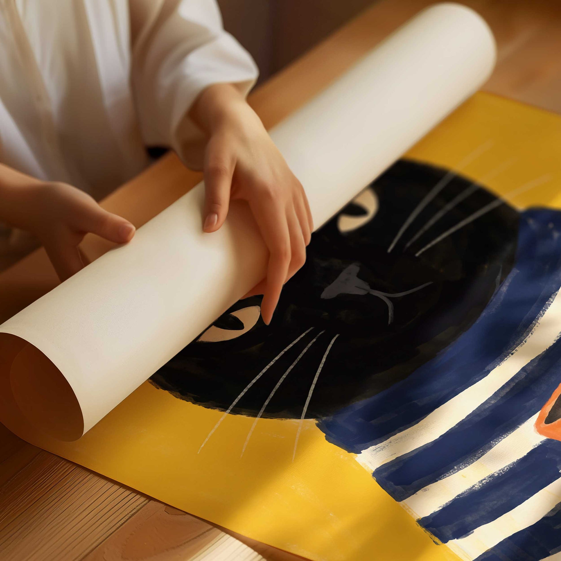 A person's hands and arms are visible as they roll out a large white sheet of paper or poster over a colorful printed design featuring a black cat on a yellow background with blue and white stripes.
