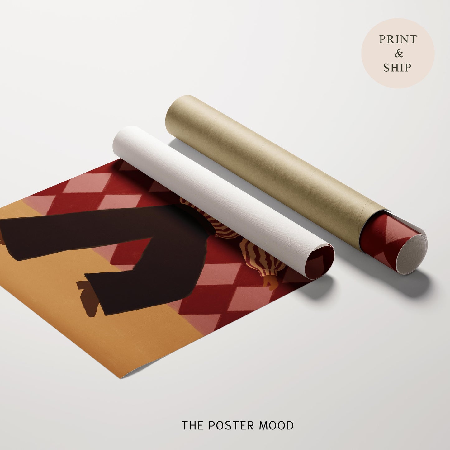 A rolled poster print and a matching rolled-up version in a gold tube, displayed on a light gray background with the text 'THE POSTER MOOD' and a 'PRINT & SHIP' badge.