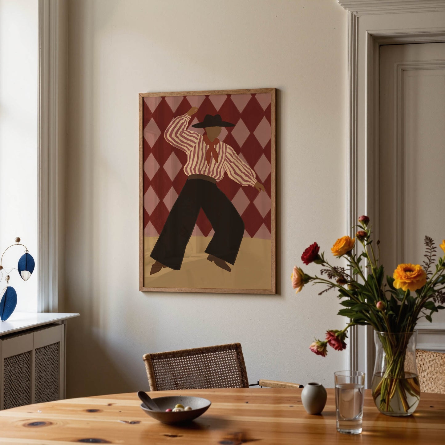 Dynamic portrait wall art with bold movement and burgundy tones