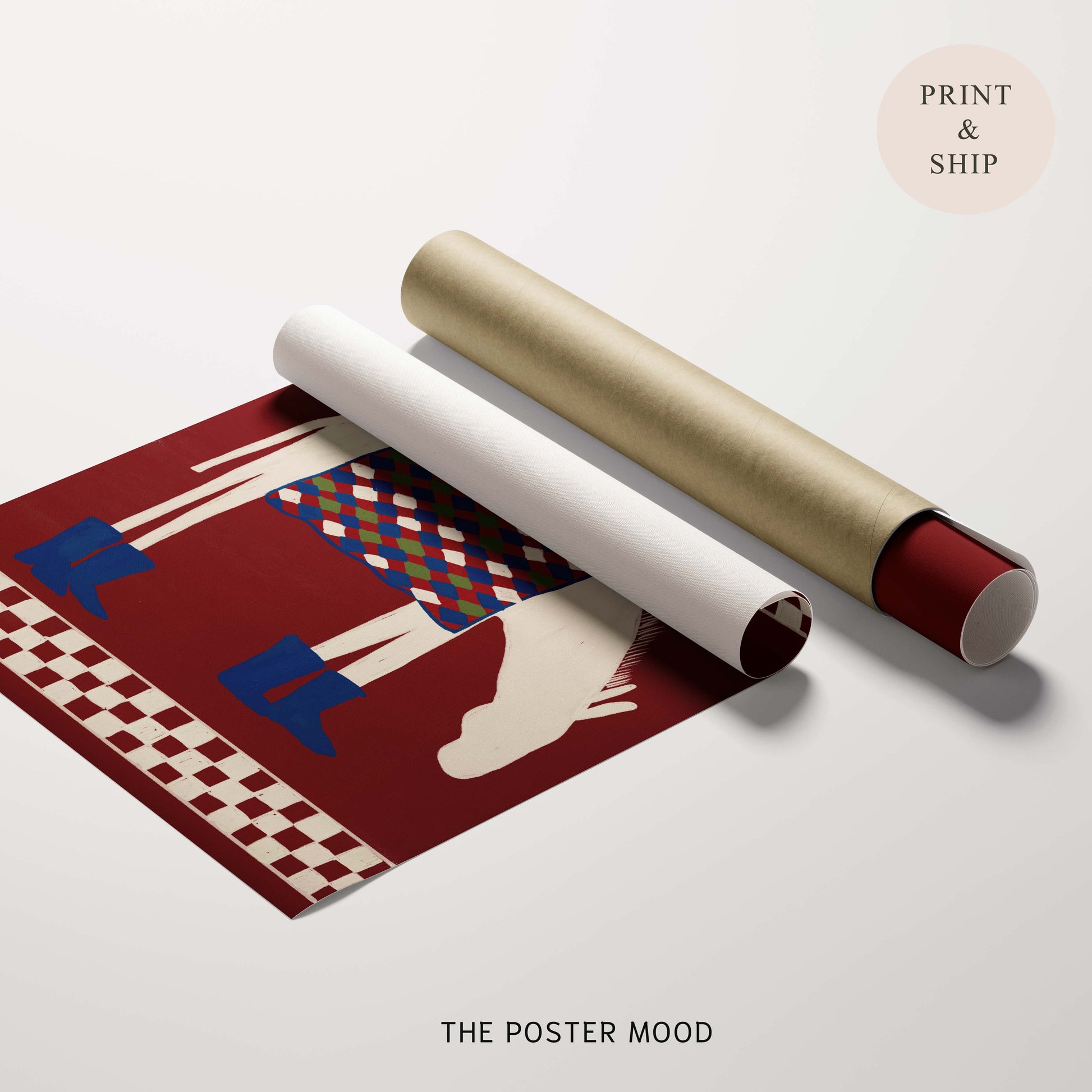 A rolled poster or print displayed on a light gray background, with part of the artwork unrolled to show a red, cream, blue, and multicolor graphic design. A gold tube-like cylinder lies beside it, and a pale pink circle in the top right says 'PRINT & SHIP'.