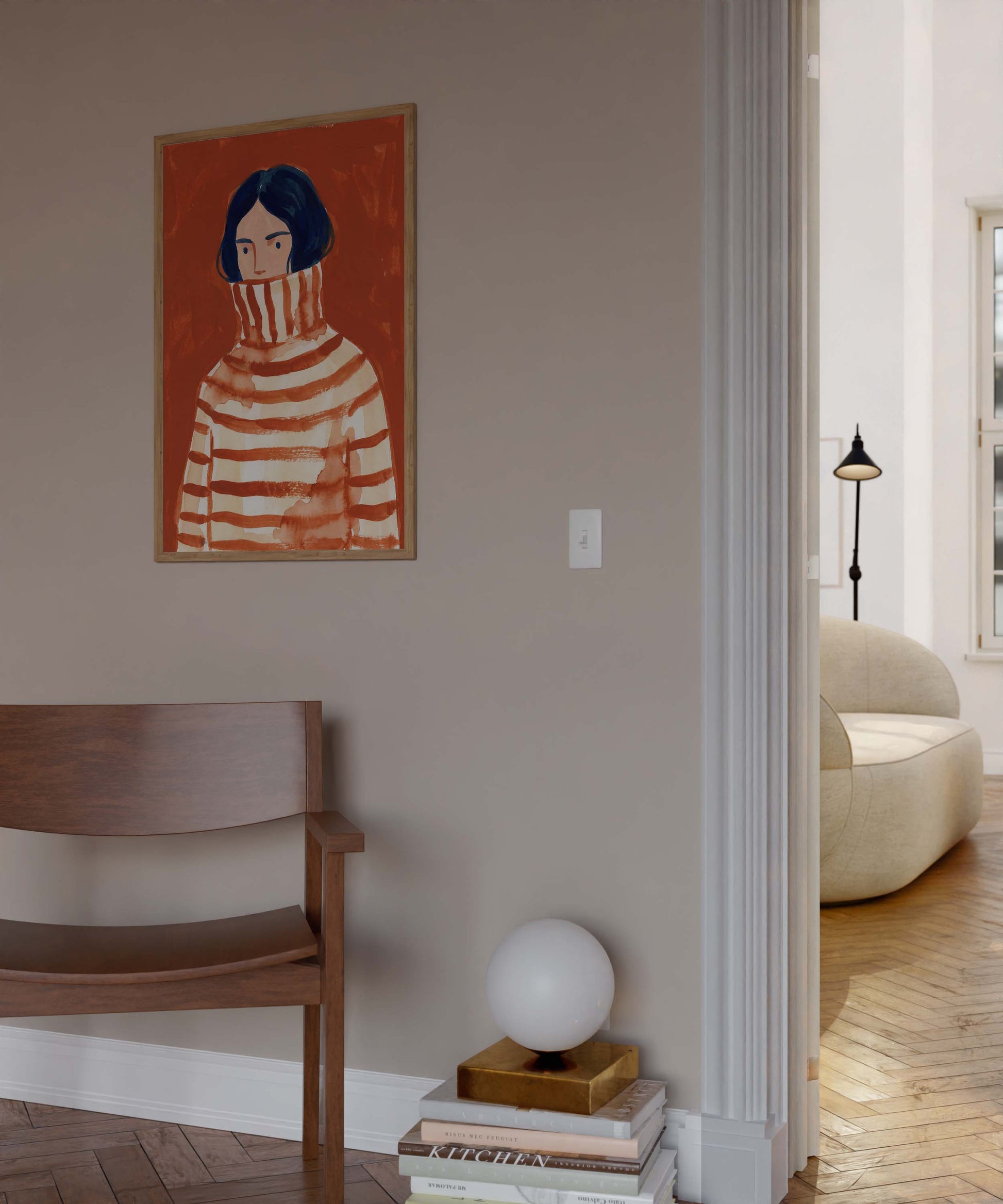A framed art print depicting a stylized figure in a striped turtleneck sweater, displayed on a neutral wall in a modern interior setting.