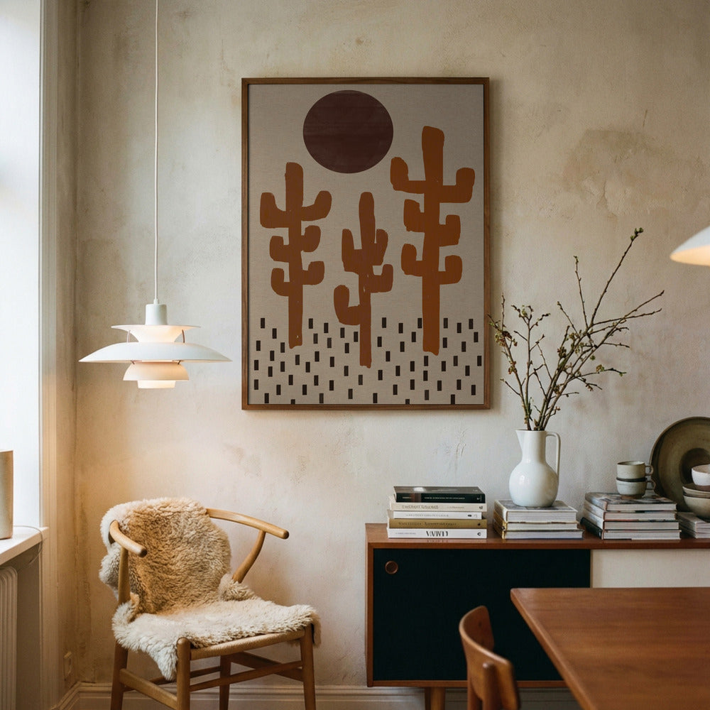 Modern interior with a chair, table, and wall art in a room.
