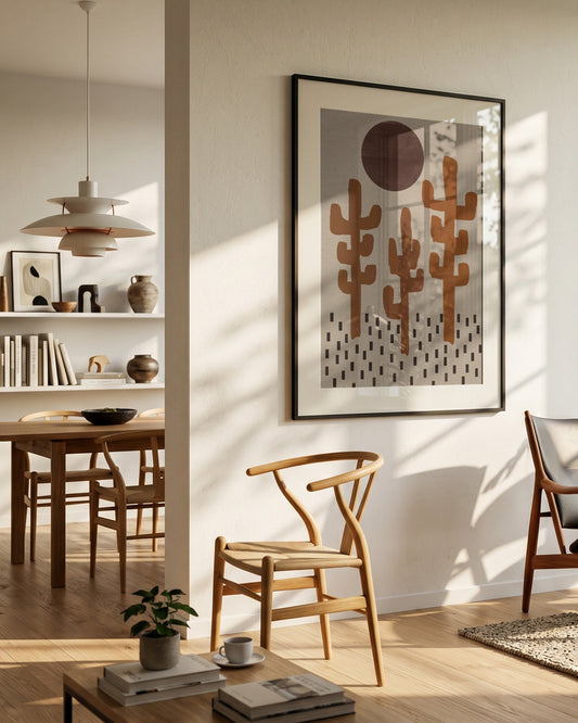 A framed abstract art print featuring stylized cacti hangs on a warm beige wall in a modern, sunlit living space with wooden chairs, a dining table, and a pendant light.