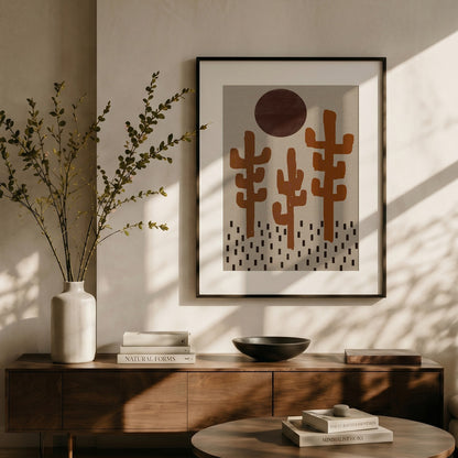 Modern interior with a wooden console table, vase with branches, and abstract art on the wall.