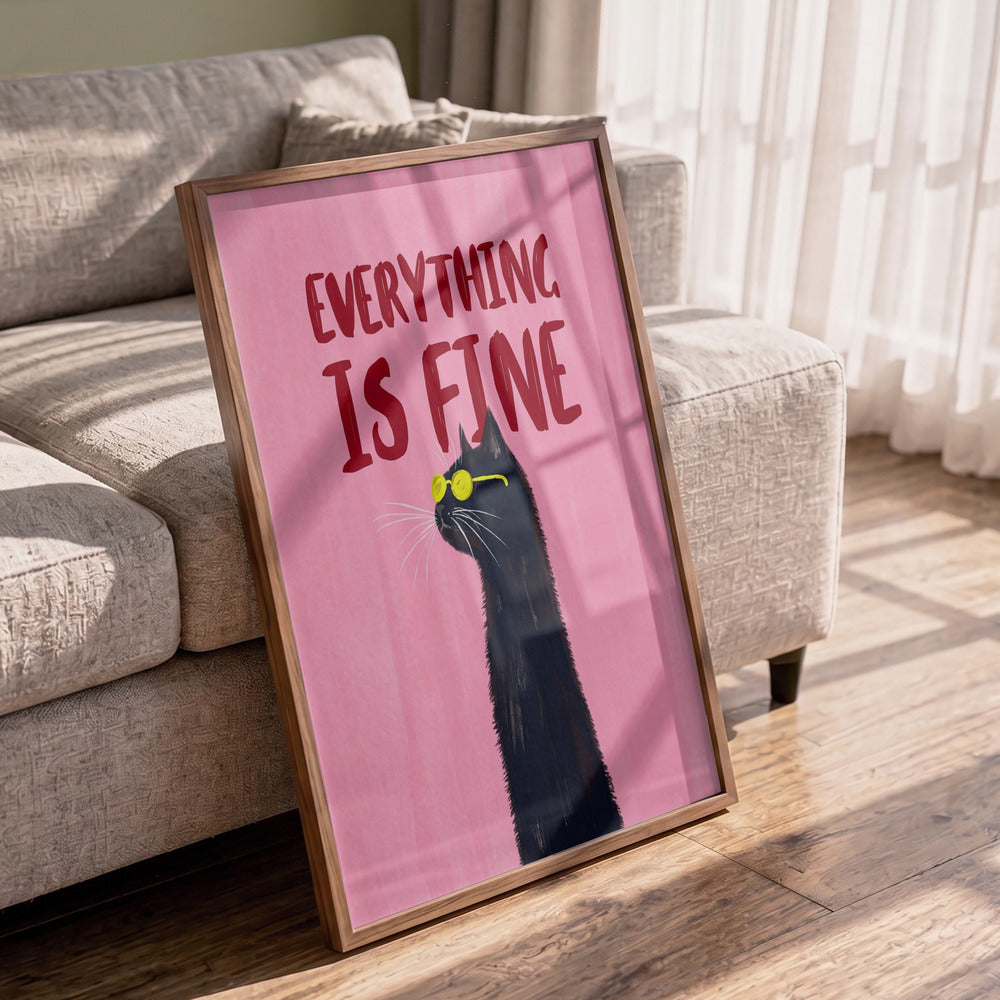 Framed poster with a cat illustration and 'Everything is Fine' text in a living room.