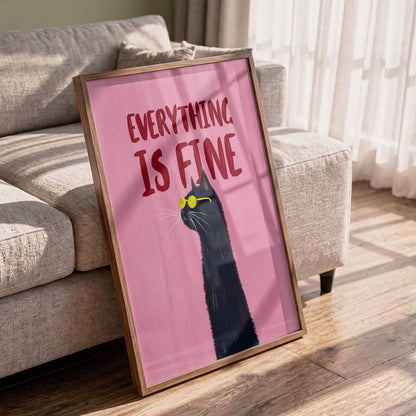 Framed poster with a cat illustration and 'Everything is Fine' text in a living room.