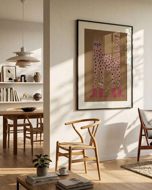 Modern interior with wooden furniture, a framed artwork of a pink animal, and a light fixture.