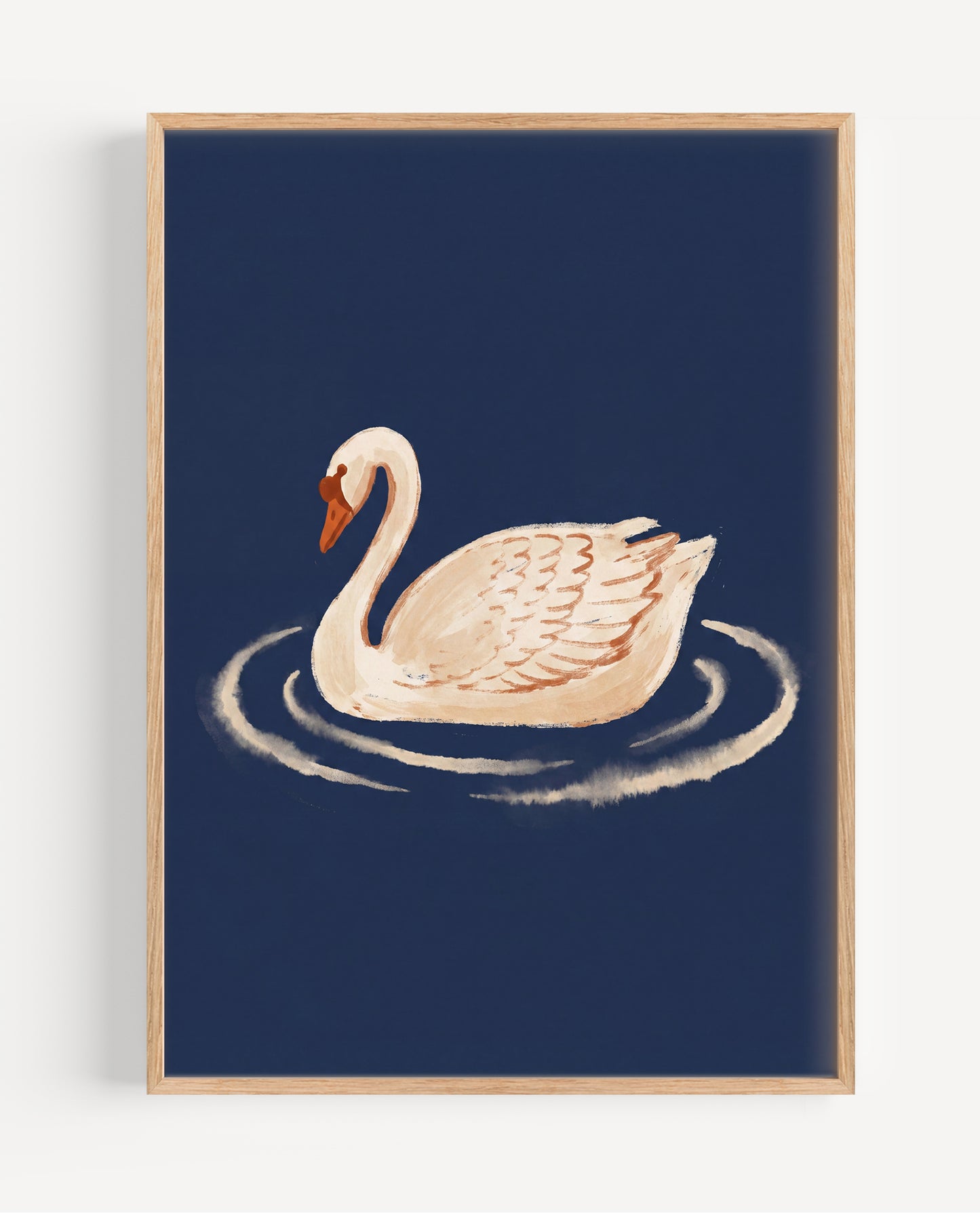 Framed artwork of a swan on a blue background