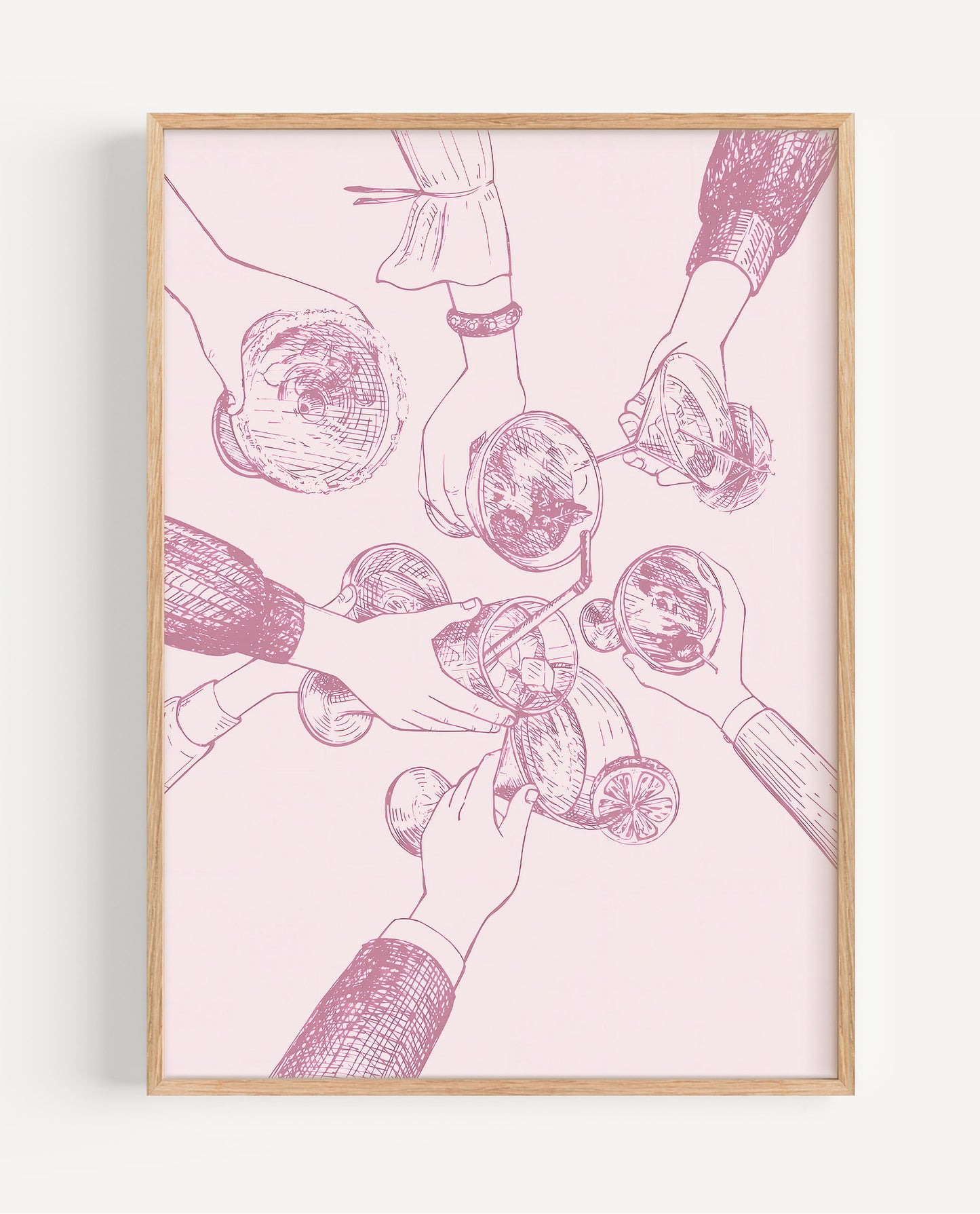 A framed art print featuring a minimalist pink illustration of multiple hands holding up glasses in a toast, enclosed in a light natural wood frame against a clean white background.