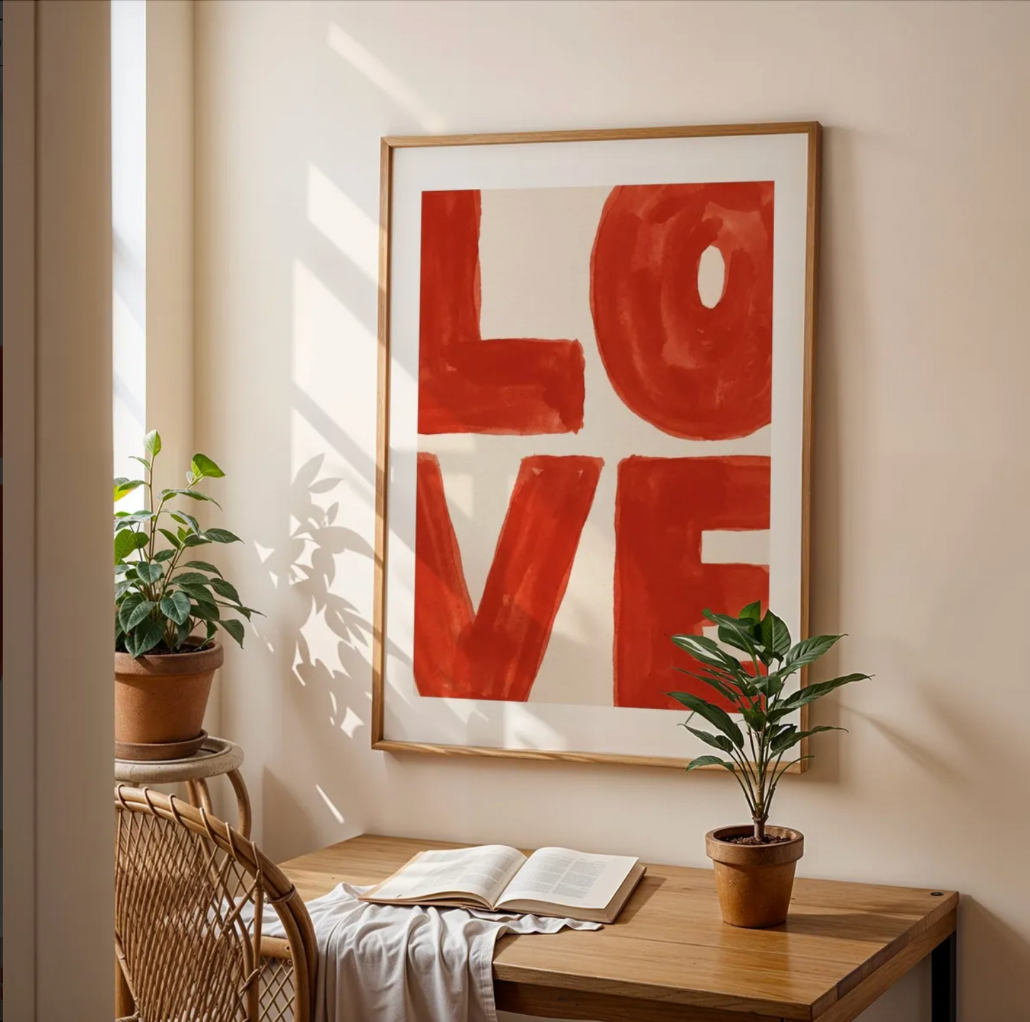 Room interior with a desk, plants, and a large 'LOVE' framed artwork on the wall.