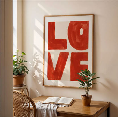Room interior with a desk, plants, and a large 'LOVE' framed artwork on the wall.