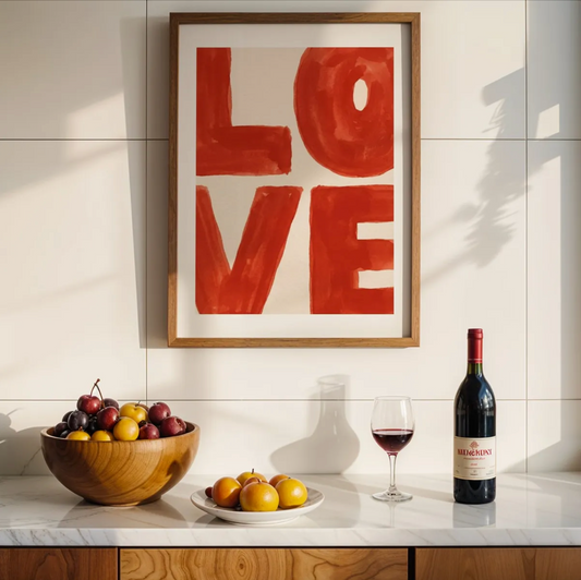 Framed wall art with large red letters spelling LOVE hanging above a kitchen counter with a wine bottle, glass of red wine, and fruit bowls.