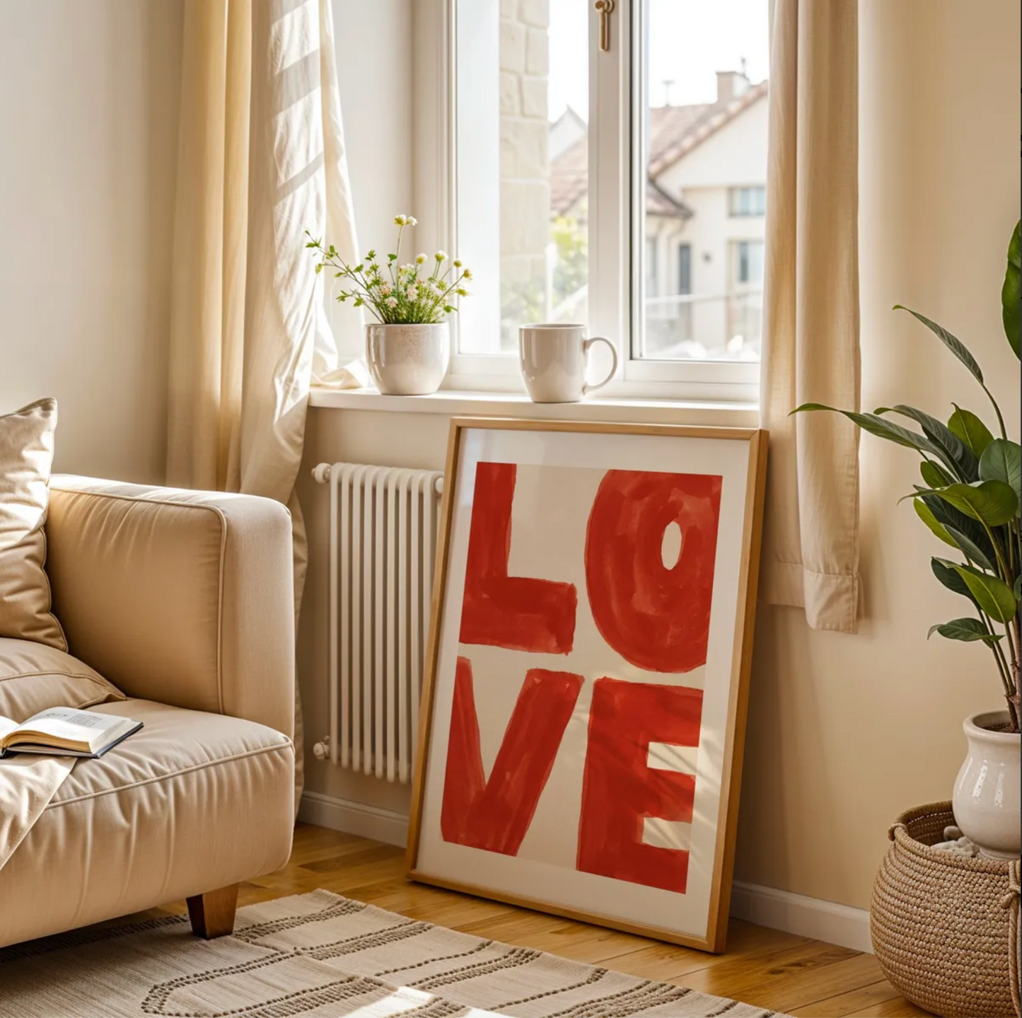 Living room with a beige sofa, 'LOVE' artwork, and decorative plants.