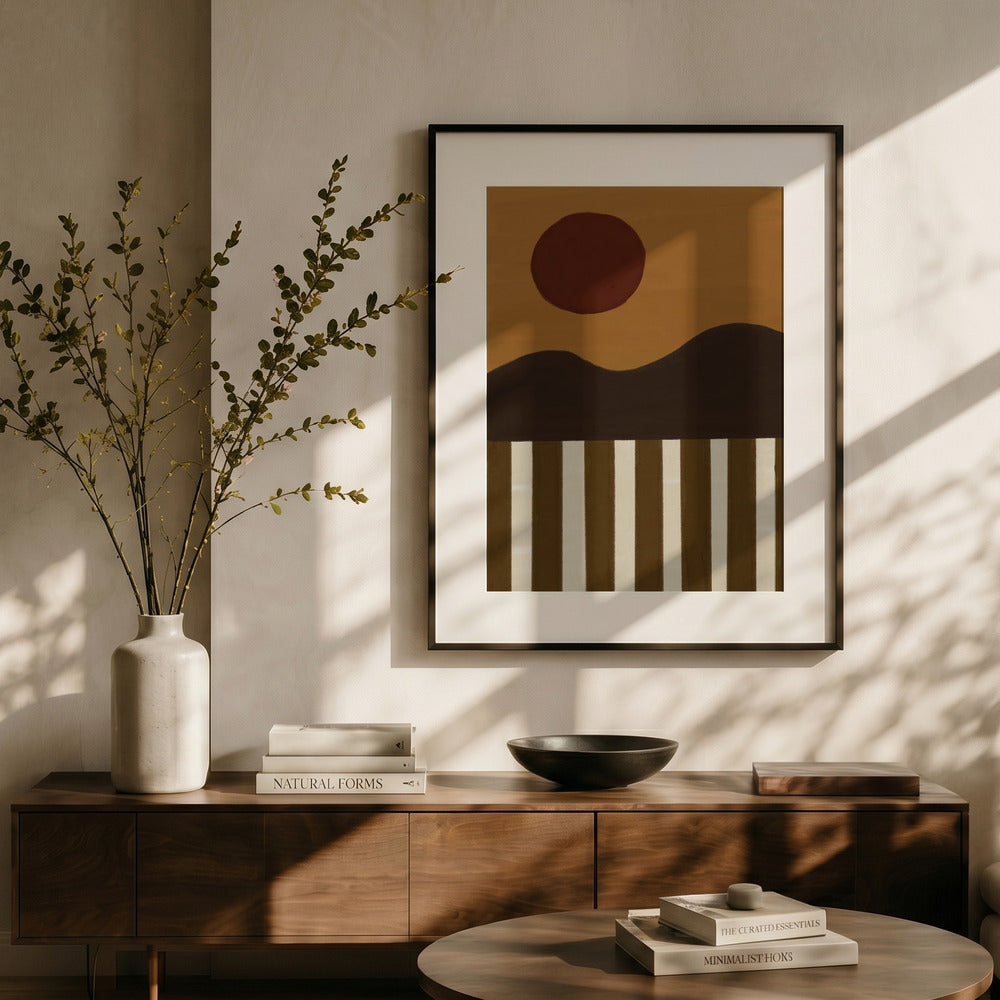 Modern interior with a wooden console table, abstract art, and decorative items.