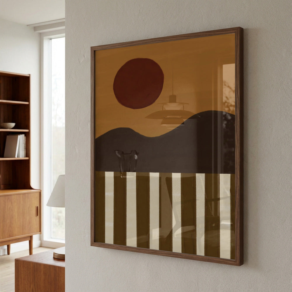 Abstract art piece with a brown circle and striped pattern in a wooden frame on a wall.