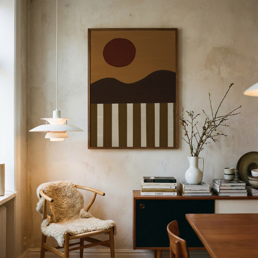 Modern interior with abstract wall art, wooden chair, and books on a shelf.