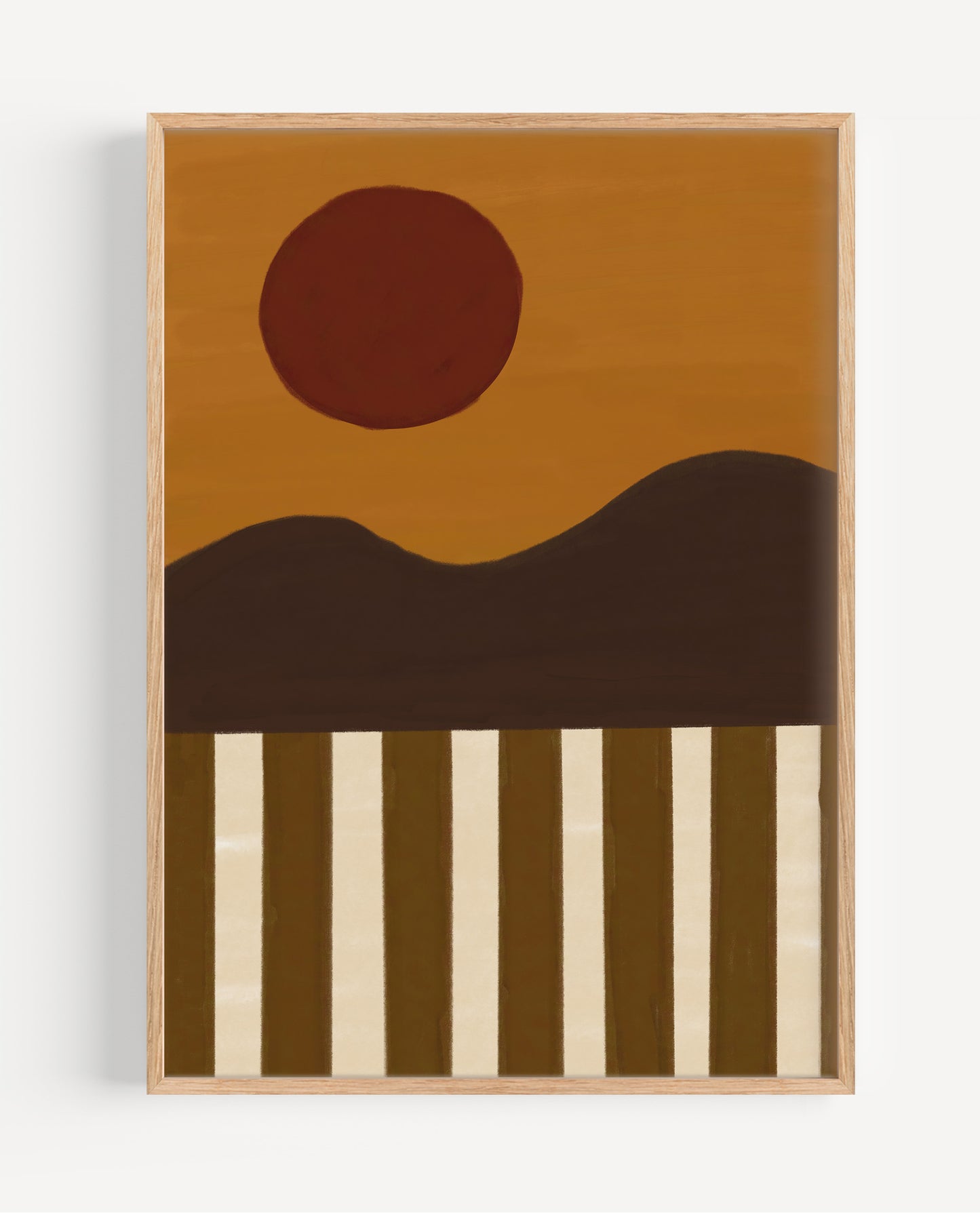 Abstract art piece with a brown circle, dark brown mountains, and beige stripes on a white background.