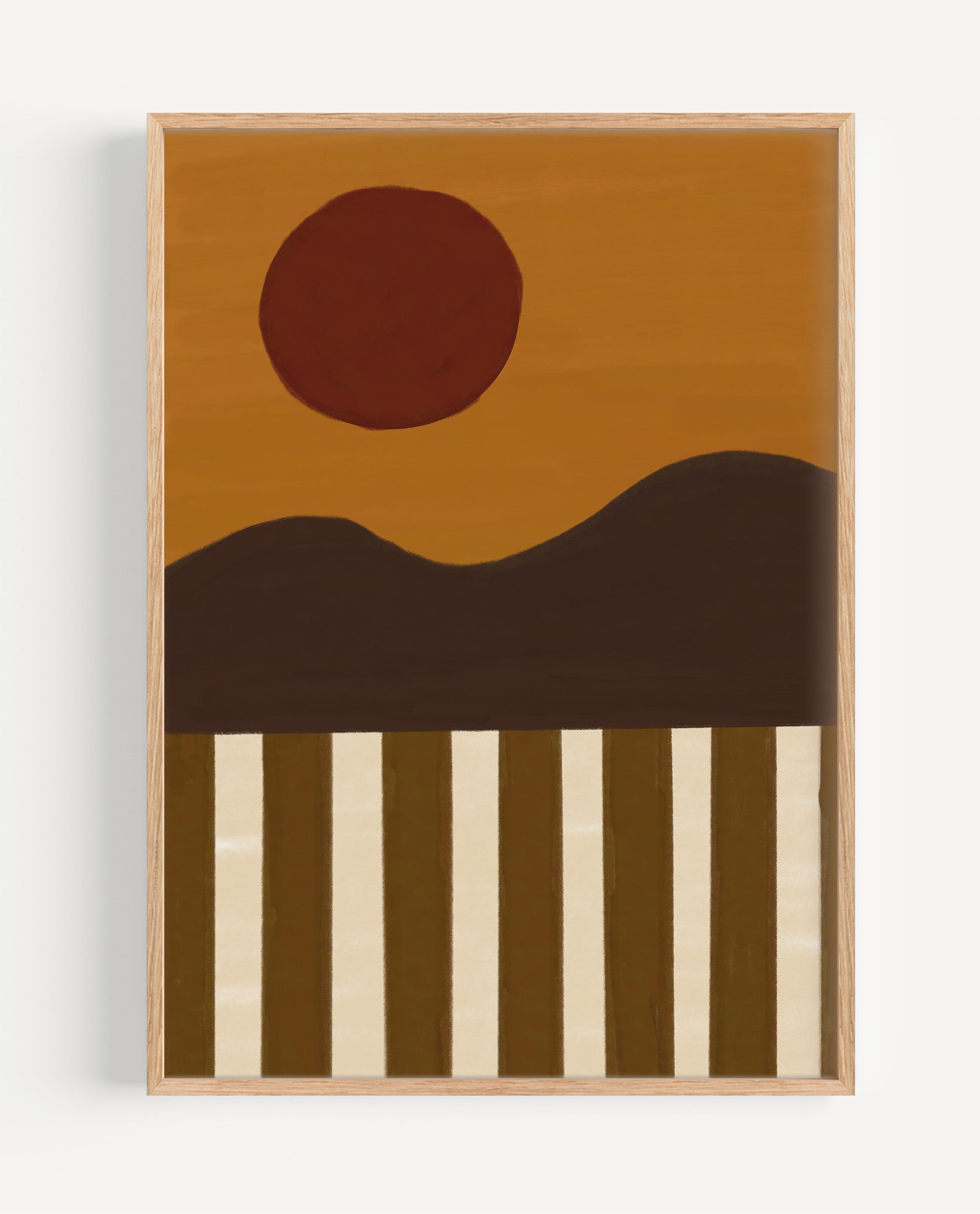 Abstract art piece with a brown circle, dark brown mountains, and beige stripes on a white background.