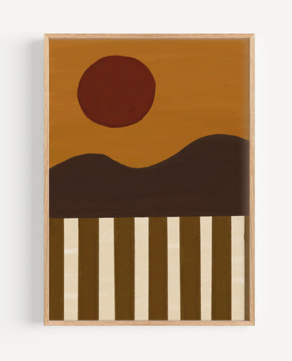 Abstract art piece with a brown circle, dark brown mountains, and beige stripes on a white background.