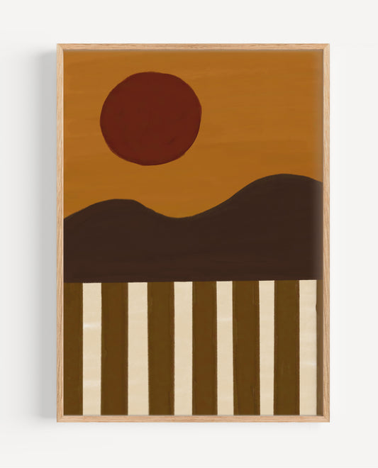 Abstract art piece with a brown circle, dark brown mountains, and beige stripes on a white background.