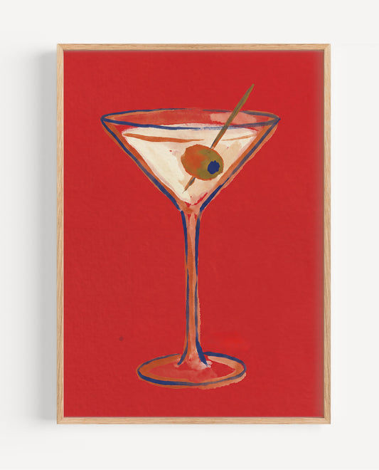 Olive & Gin martini still life fine art print on bold red background