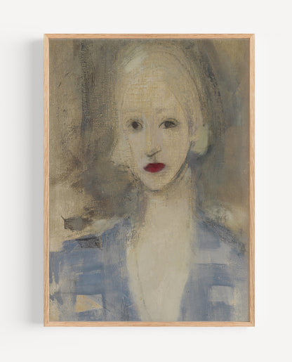 A framed portrait painting of a woman with pale skin, dark eyes, red lips, and a blue garment, shown against a light gray background.