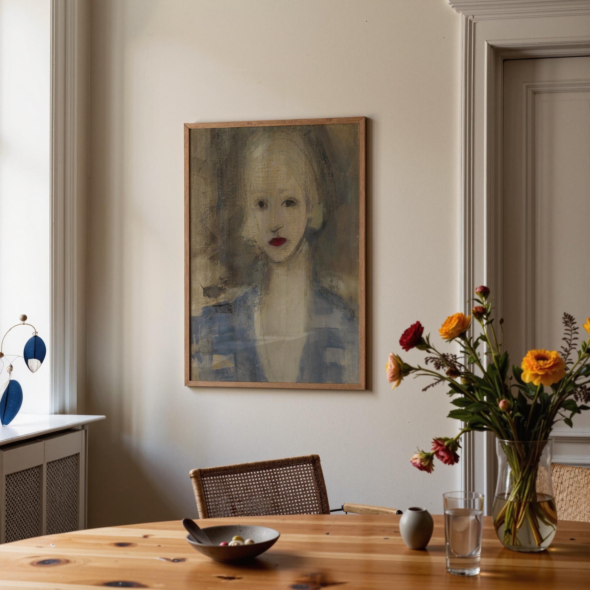 A framed portrait painting of a young woman with pale hair and red lips hangs on a beige wall above a wooden dining table with a vase of flowers, a bowl, and a glass in a softly lit interior.