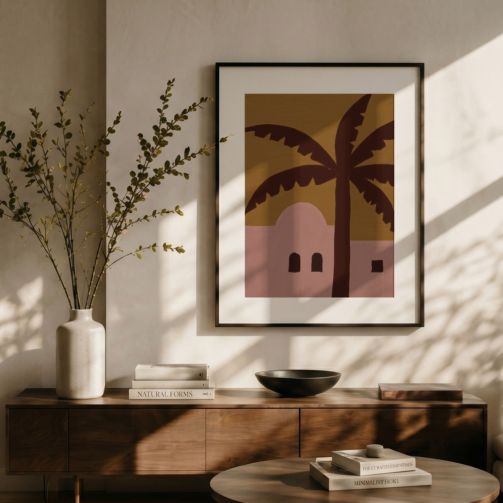 Modern interior with a wooden console table, vase with branches, and framed abstract art on a wall.