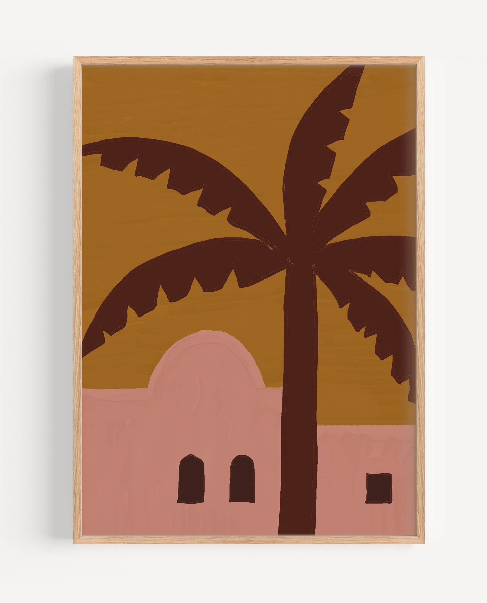 Framed artwork with a palm tree and building silhouette on a brown background