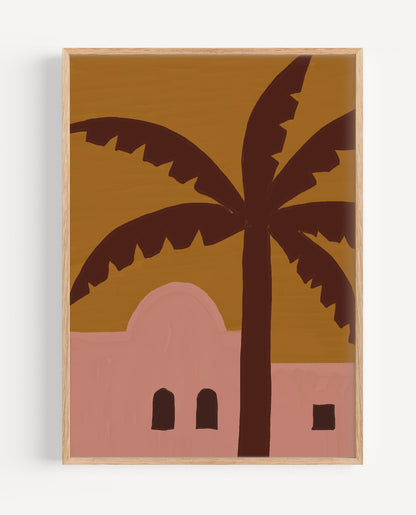 Framed artwork with a palm tree and building silhouette on a brown background
