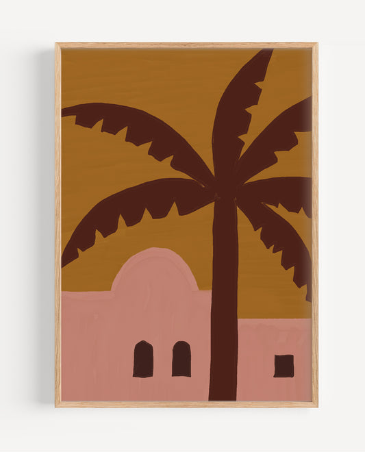 Framed artwork with a palm tree and building silhouette on a brown background