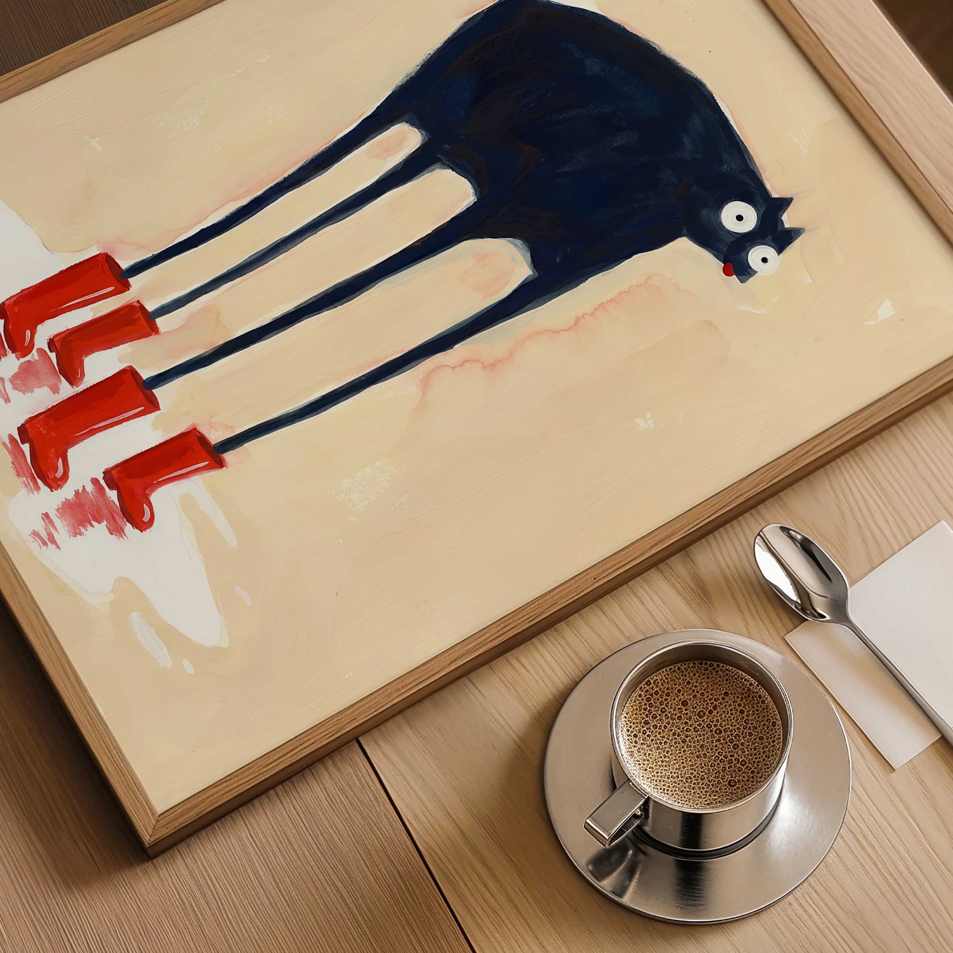 A framed abstract painting of a black cat with long legs and red paws on a cream background, displayed on a wooden table next to a cup of coffee, a spoon, and a napkin.