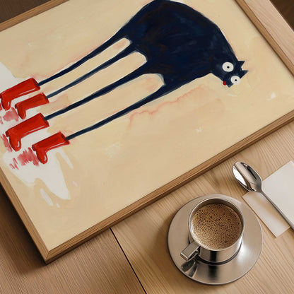 A framed abstract painting of a black cat with long legs and red paws on a cream background, displayed on a wooden table next to a cup of coffee, a spoon, and a napkin.