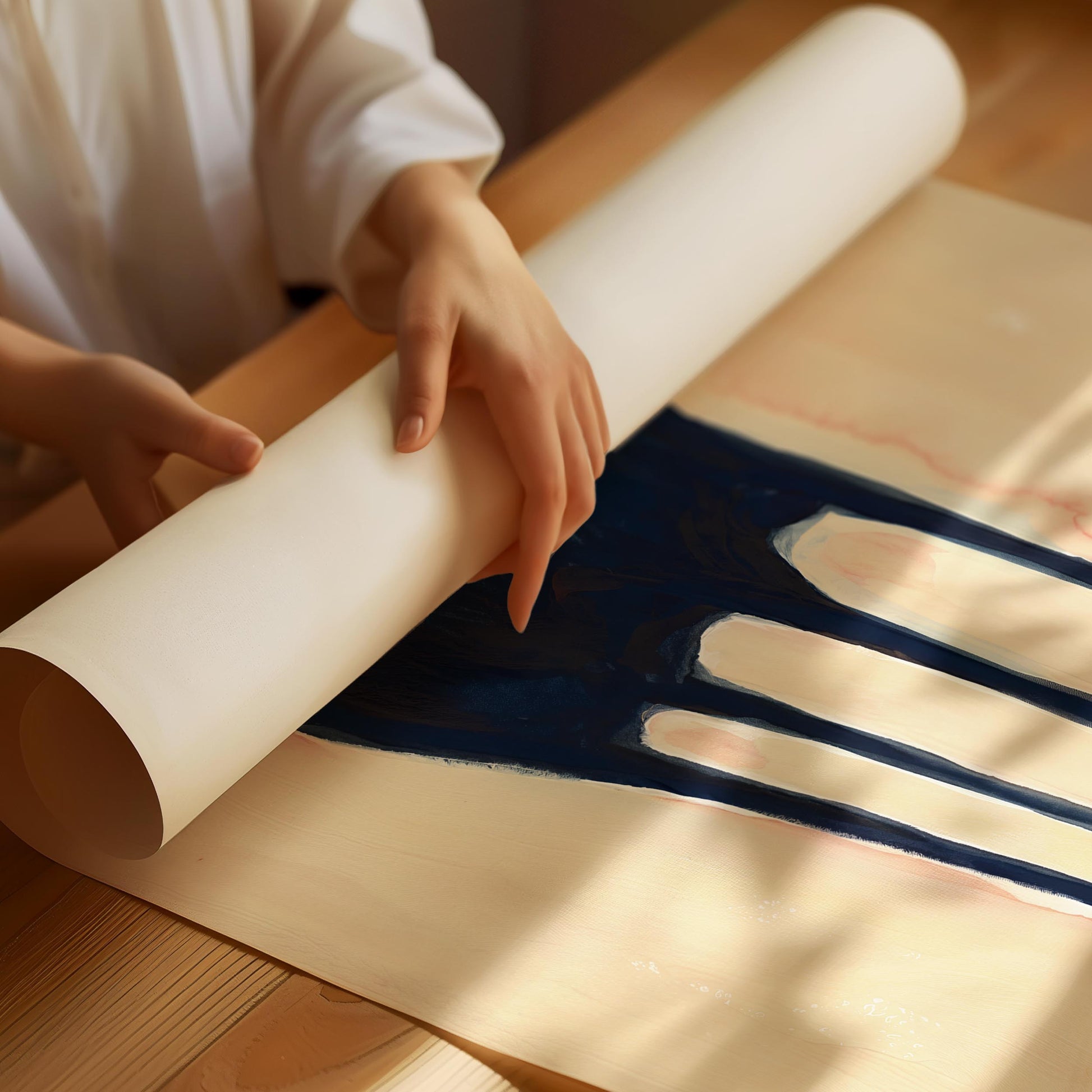 A close-up of a person's hands unrolling a large sheet of cream-colored paper over a canvas featuring bold, dark navy blue paint drips on a warm wooden table.