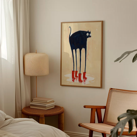 A framed art print featuring a whimsical black cat with long legs and red rain boots, hanging on a light beige wall in a cozy bedroom setting with a bedside table, lamp, and chair.