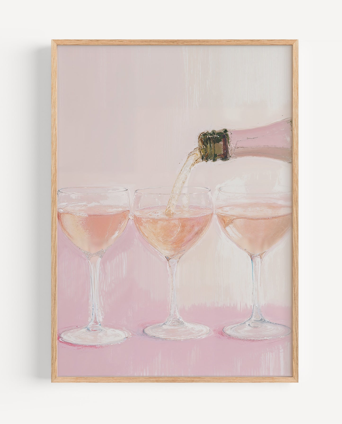 Rosé Pour still life fine art print with champagne glasses on pink background