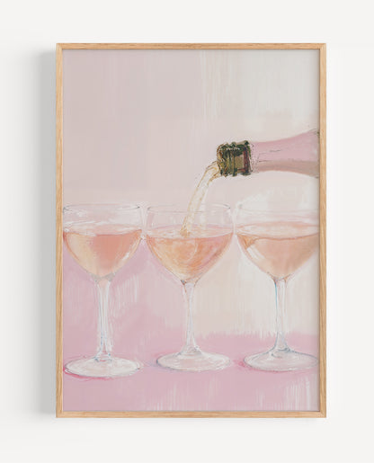 Rosé Pour still life fine art print with champagne glasses on pink background