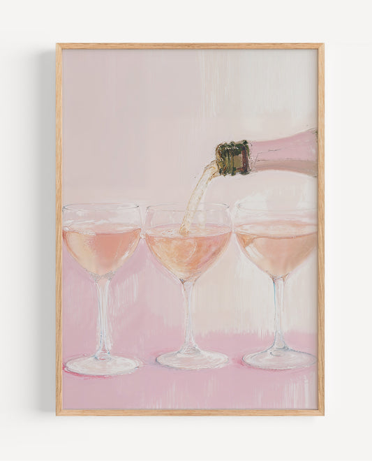 Rosé Pour still life fine art print with champagne glasses on pink background