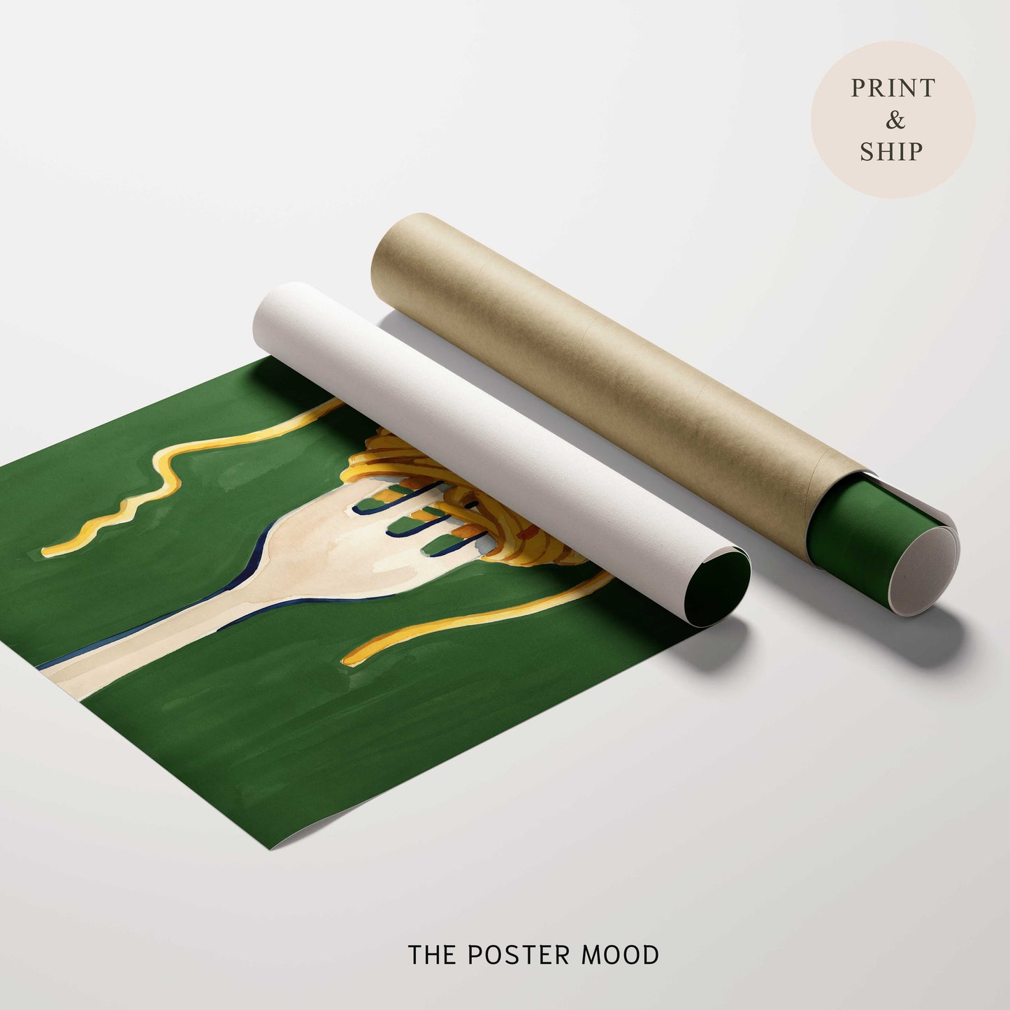 A rolled poster print and its matching cylindrical mailing tube on a clean white background. The poster shows a dark green design with a cream fork and yellow pasta-like lines, and the tube is metallic gold with a green end cap.