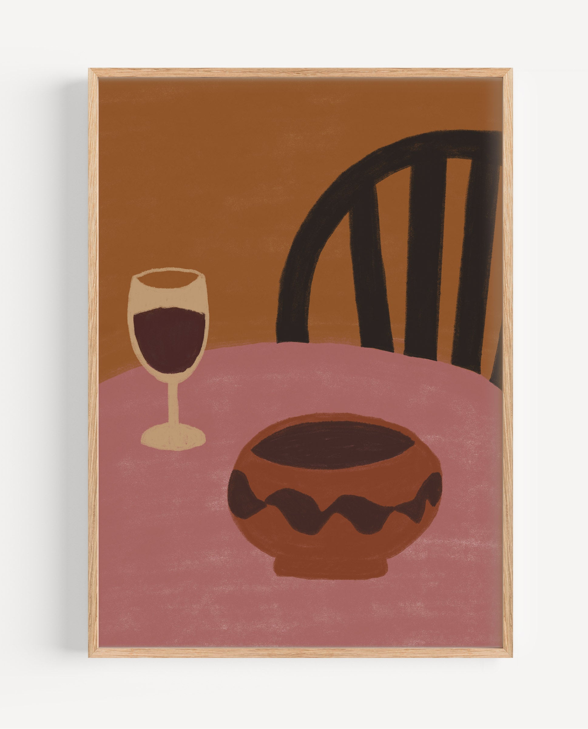Framed artwork of a table setting with a wine glass, bowl, and chair on a brown background.