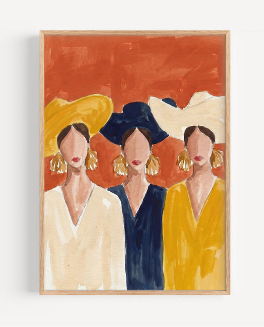 Artistic depiction of three women wearing hats and earrings against a red background