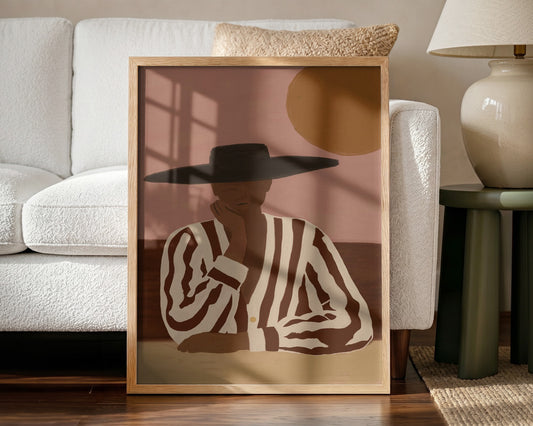 Sun & Stripes portrait fine art print with wide-brim hat and striped attire