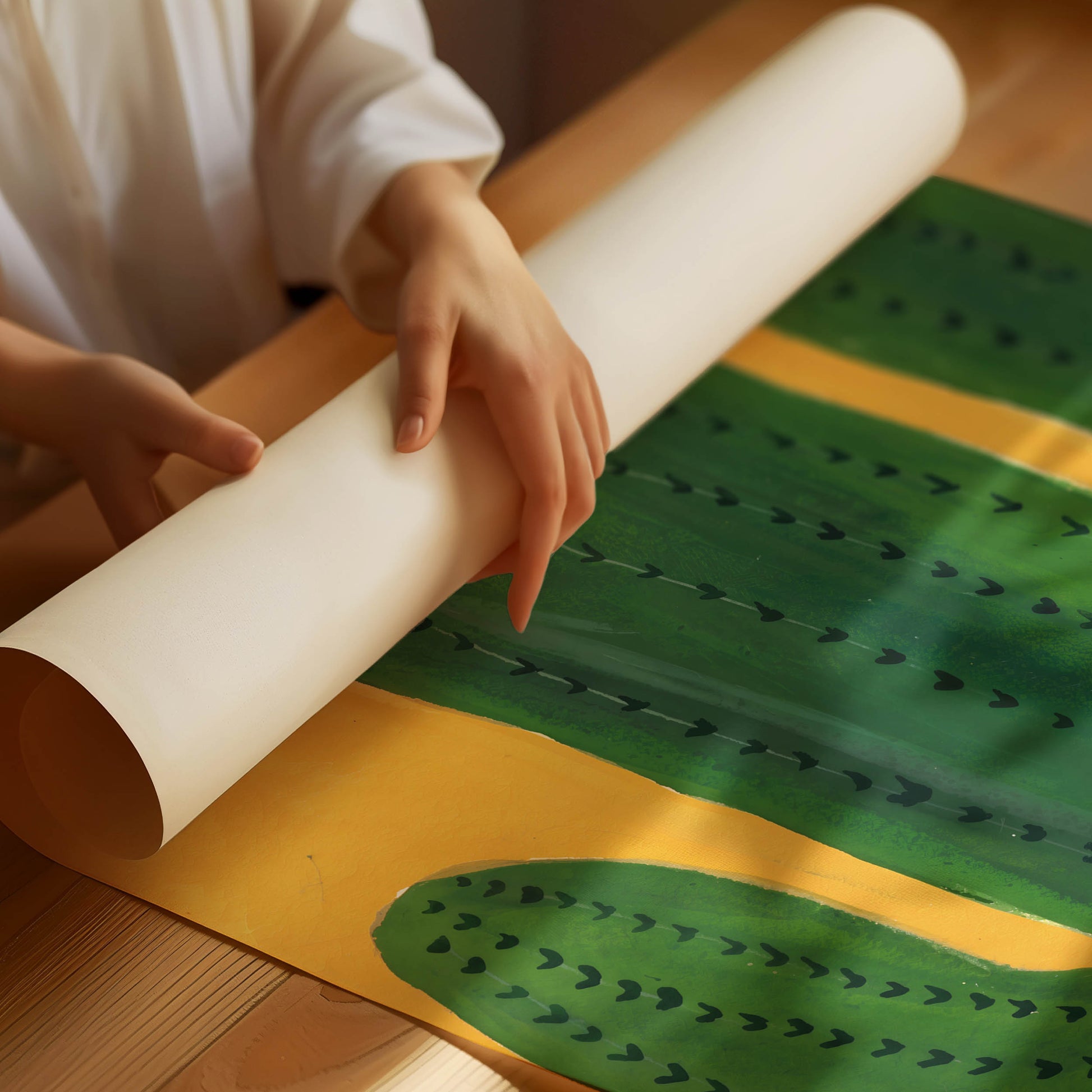 A person unrolls a large art print or poster showing a stylized green cactus pattern with black dotted leaf details over a mustard yellow background, set on a wooden table.