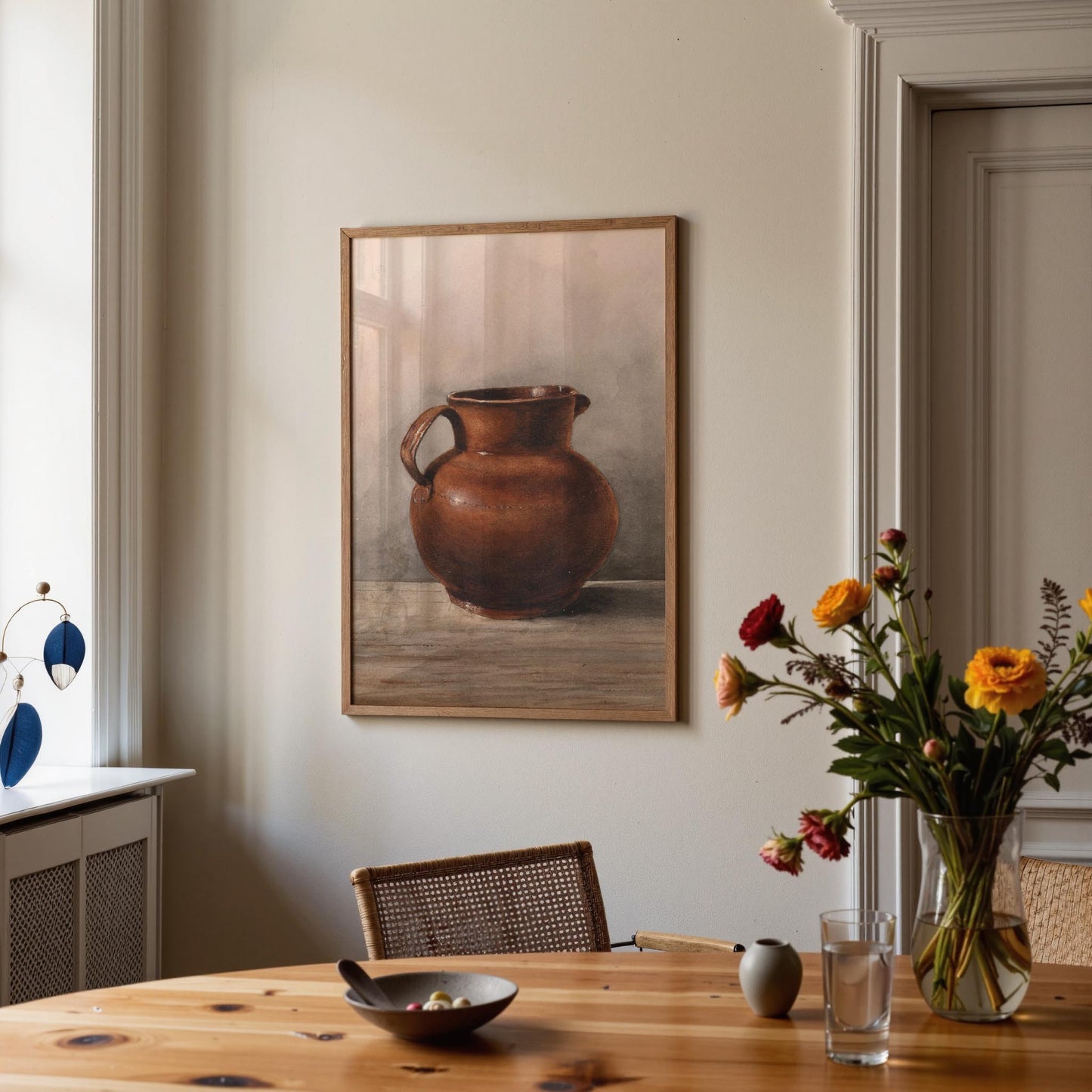 A framed still life painting of a brown ceramic pitcher hanging on a beige wall in a dining room setting, with a wooden table, flowers, and a chair visible.