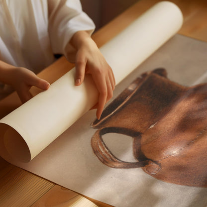 A person in a white shirt unrolls a large sheet of textured beige paper over a wooden table, revealing a detailed brown illustration of a ceramic pitcher printed on the sheet.
