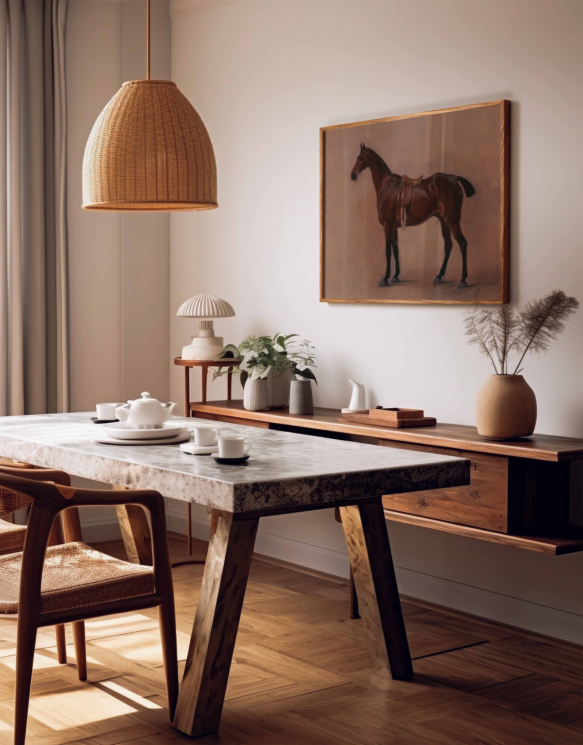 A styled interior scene with a wooden dining table, chairs, pendant light, wall console, and framed horse artwork on a beige wall.